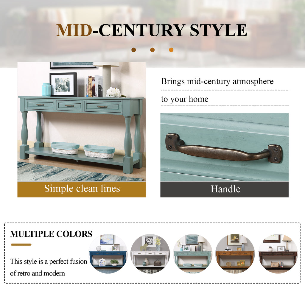 Solid pine console table by Anthony & Home with retro blue finish, featuring a sleek, minimalist design for entryway or living room decor.