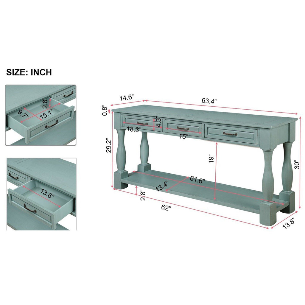 Solid pine console table with retro blue finish by Anthony & Home, featuring a sleek design and sturdy construction.
