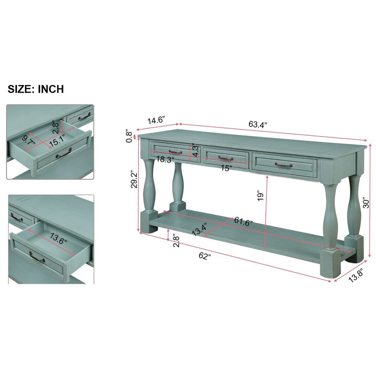 Solid pine console table with retro blue finish by Anthony & Home, featuring a sleek design and sturdy construction.