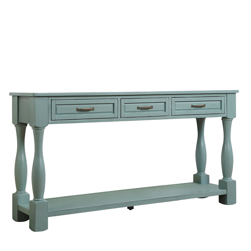 Solid pine console table by Anthony & Home featuring retro blue finish, showcasing a sleek, minimalist design ideal for entryways.