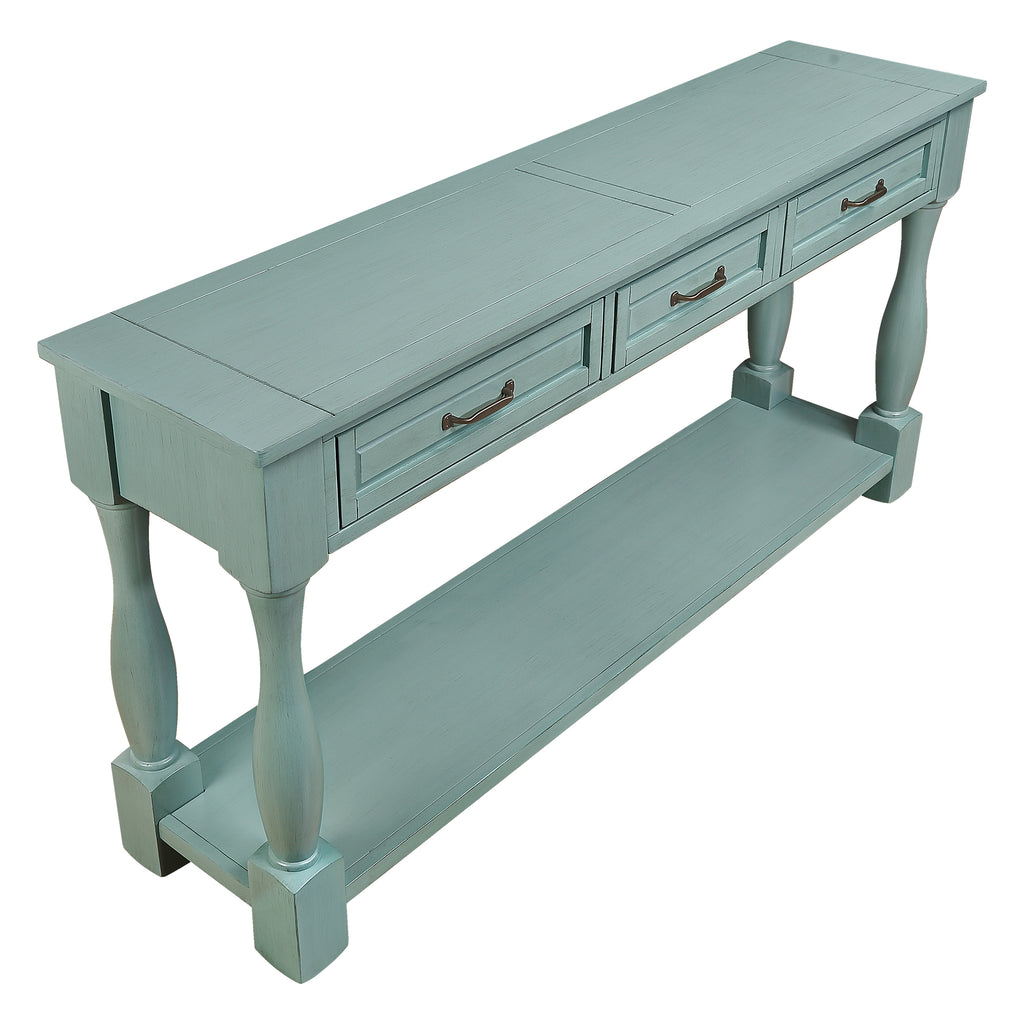 Solid pine console table by Anthony & Home featuring retro blue finish, with a sleek rectangular top and sturdy legs.
