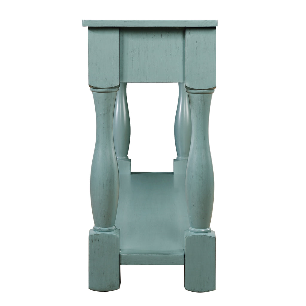 Solid pine console table by Anthony & Home with retro blue finish, featuring a sleek design and sturdy craftsmanship.