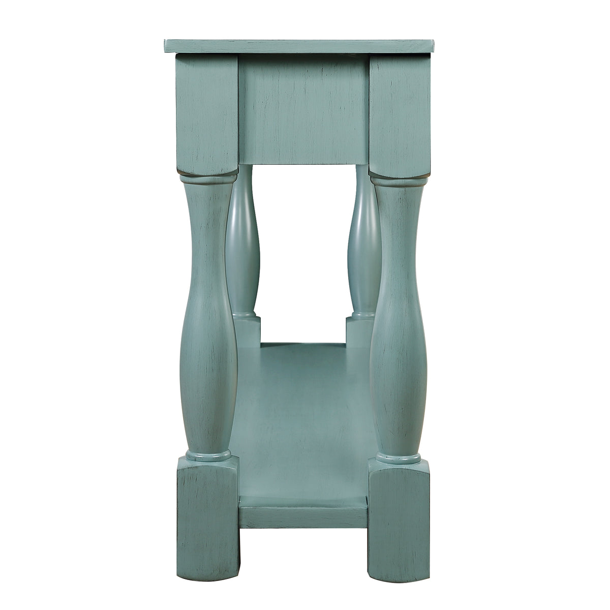 Solid pine console table by Anthony & Home with retro blue finish, featuring a sleek design and sturdy craftsmanship.