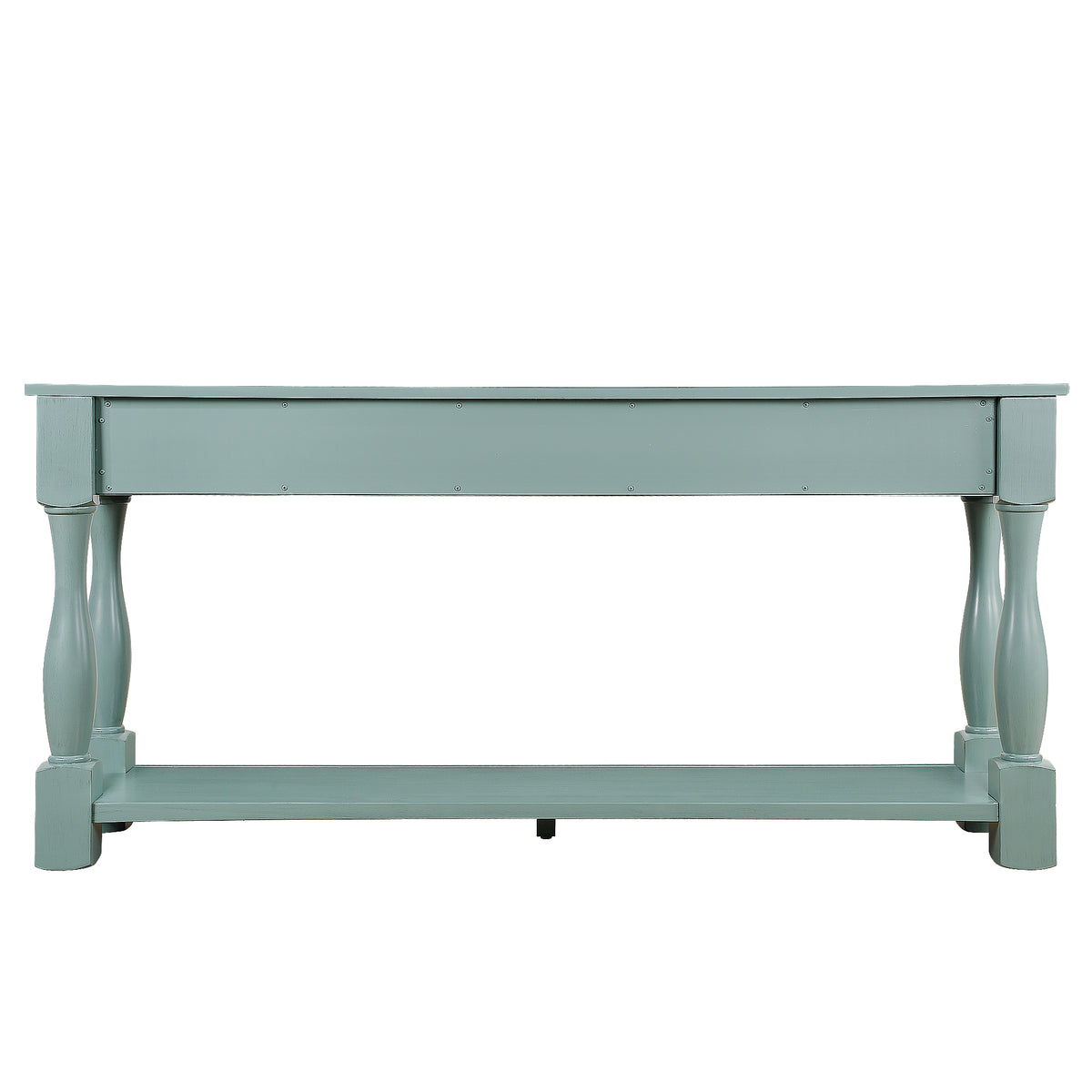 Solid pine console table by Anthony & Home with a retro blue finish, featuring a sleek, minimalist design for entryways or living rooms.
