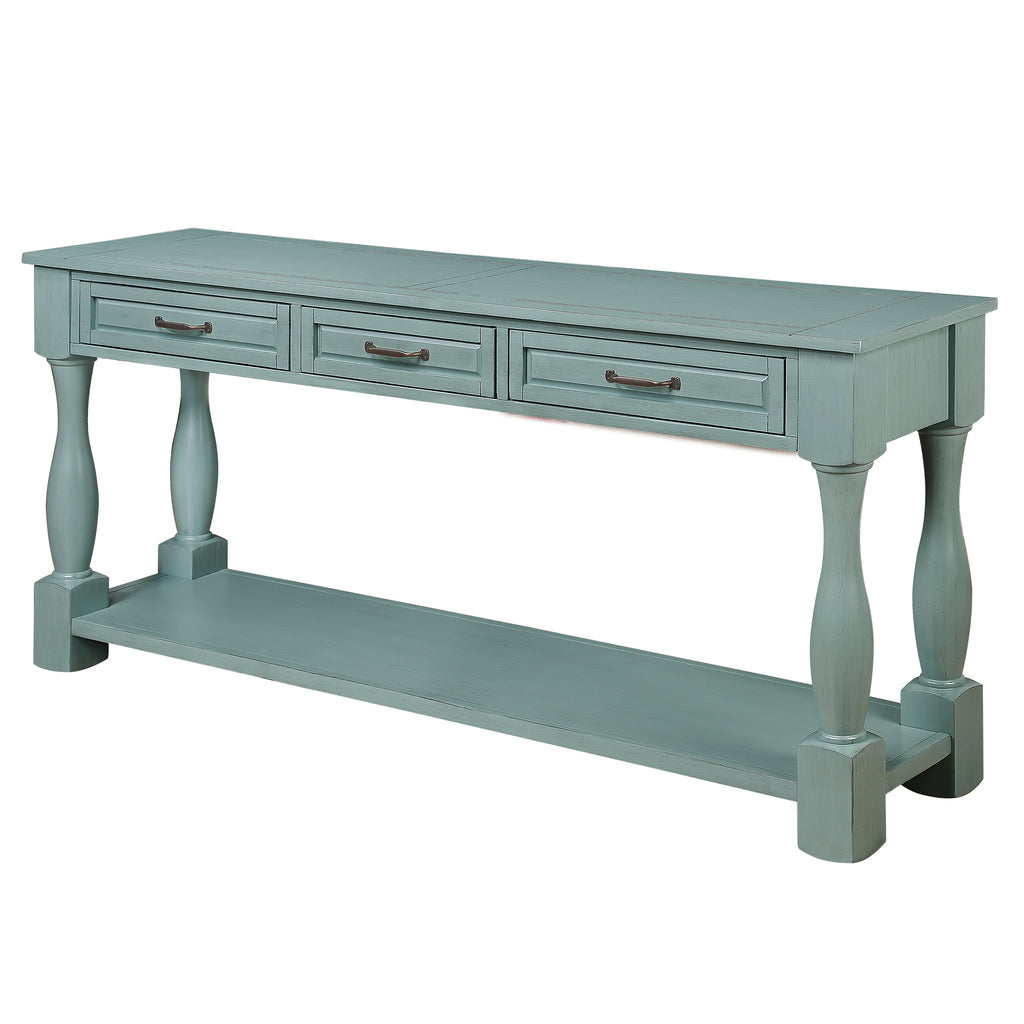 Solid pine console table by Anthony & Home with a retro blue finish, featuring a sleek design suitable for entryways or living rooms.