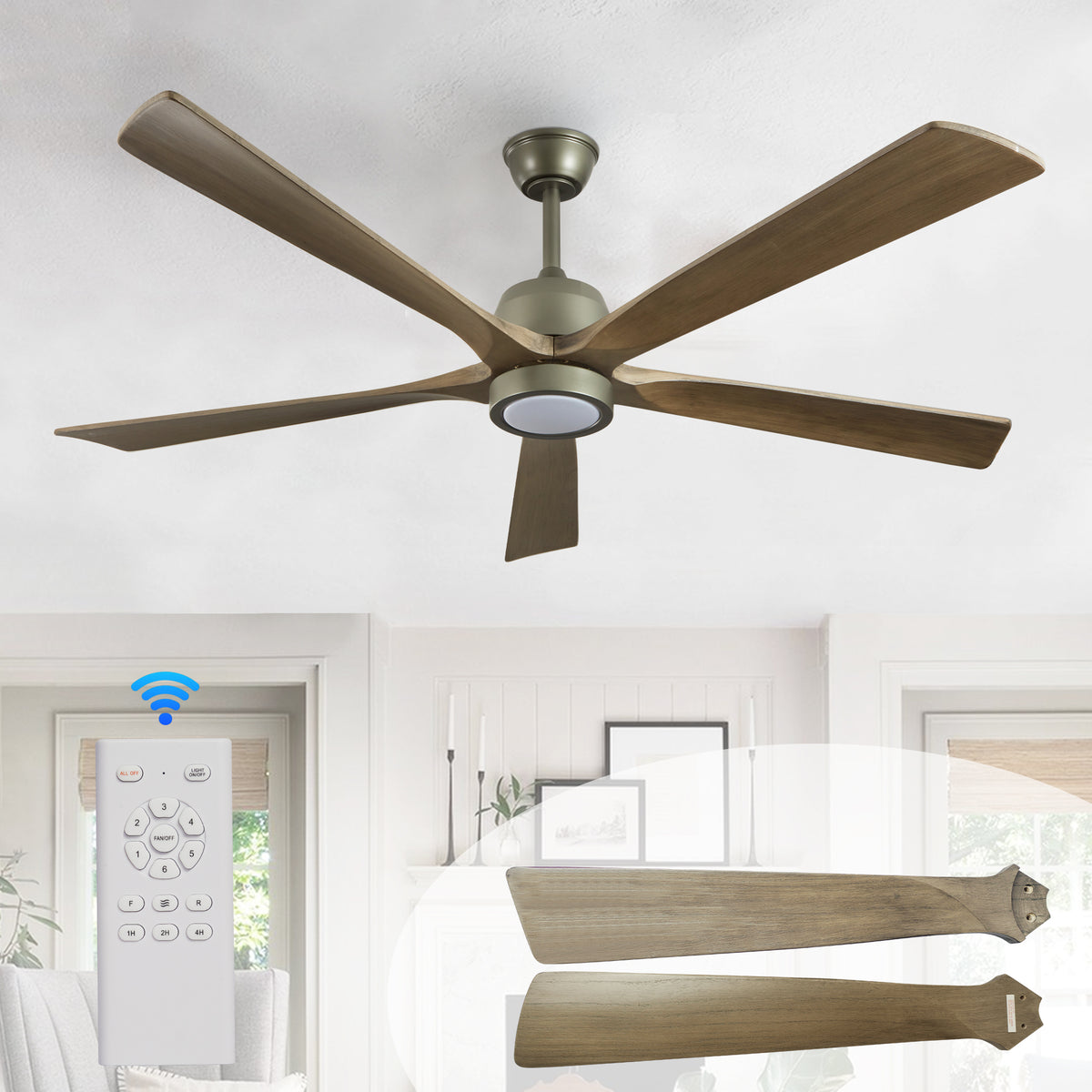 Anthony & Home solid wood 60-inch ceiling fan with light, showcasing a rustic design and wooden blades in a modern living space.