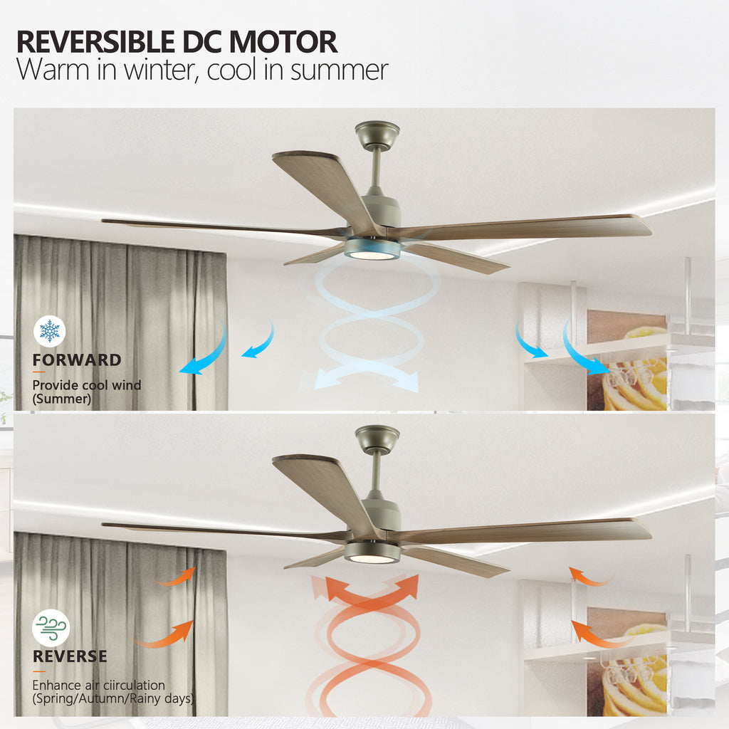 Solid wood 60-inch ceiling fan with light from Anthony & Home, featuring a classic design and wooden blades in a modern living space.