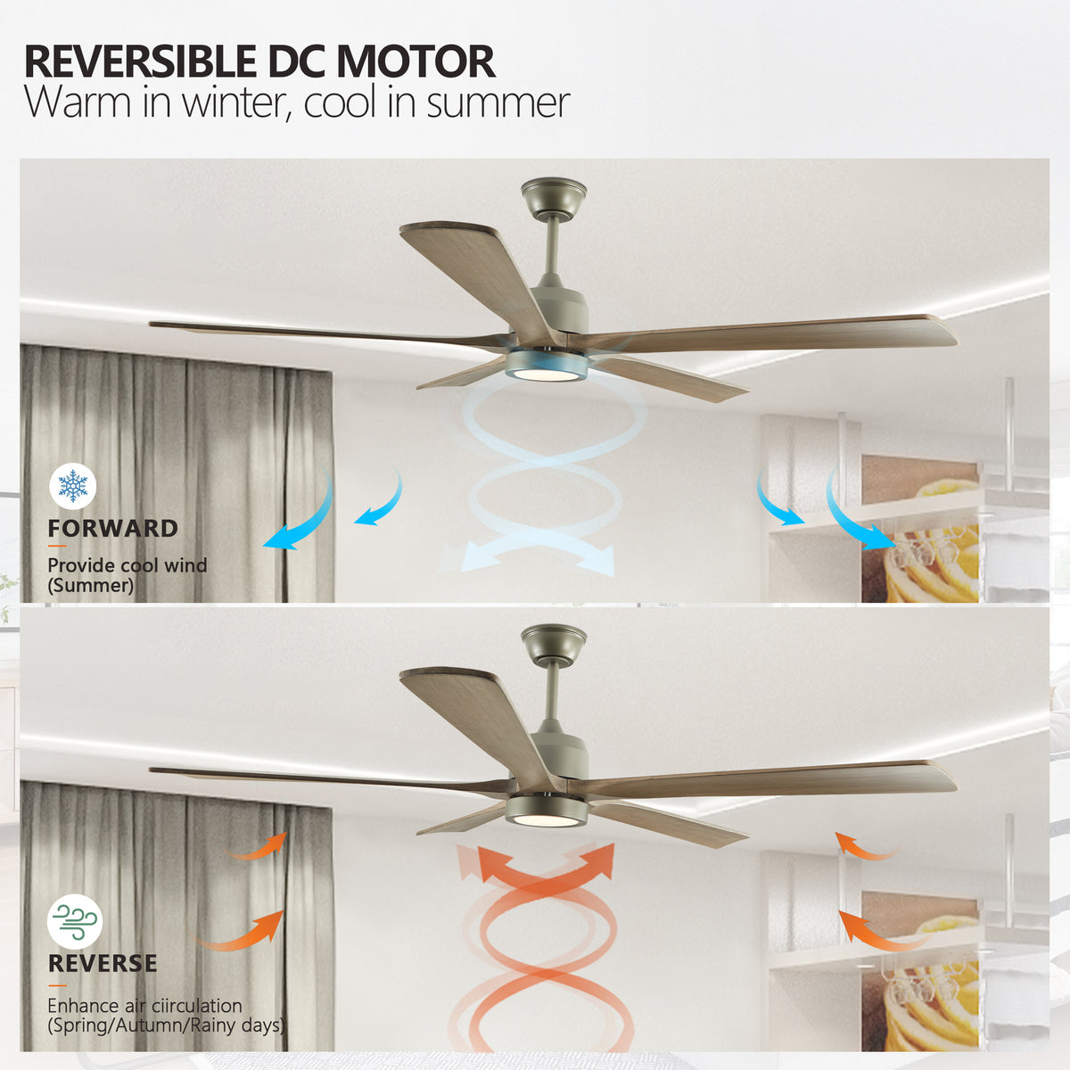 Solid wood 60-inch ceiling fan with light from Anthony & Home, featuring a classic design and wooden blades in a modern living space.