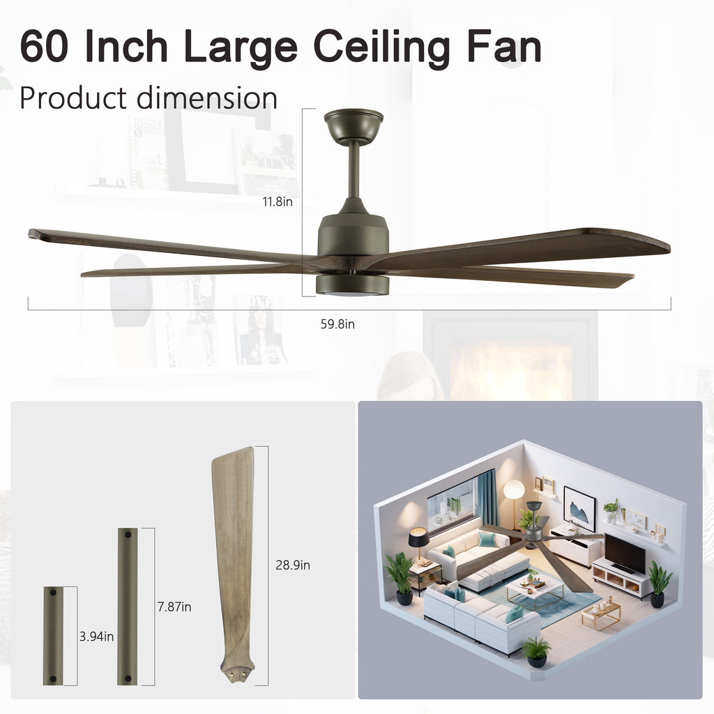 Solid wood 60-inch ceiling fan with light from Anthony & Home, featuring a modern design and wooden blades.