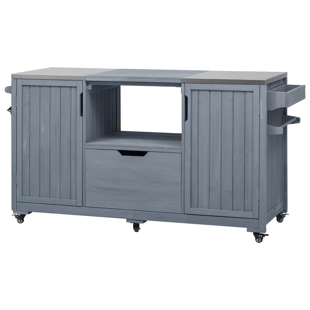 Solid wood outdoor kitchen island for Big Green Egg by Anthony & Home, featuring a spacious countertop and storage cabinets.