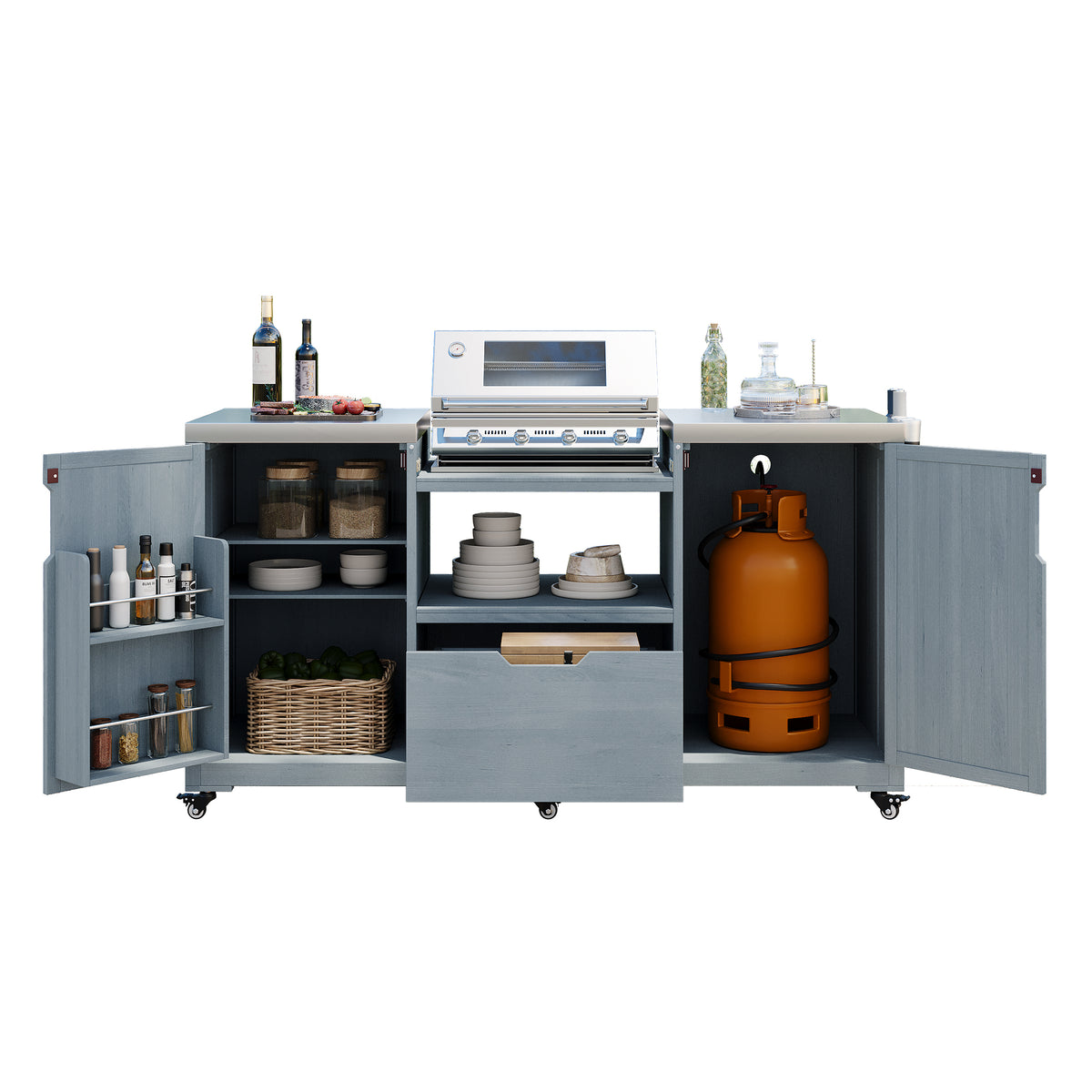 Solid wood outdoor kitchen island with storage and countertop, designed for Big Green Egg, by Anthony & Home.