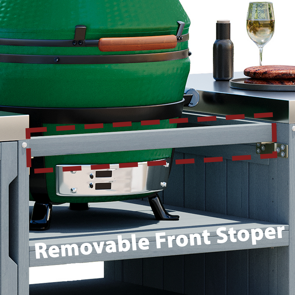 Anthony & Home solid wood outdoor kitchen island with storage and workspace designed for Big Green Egg Studio setup.