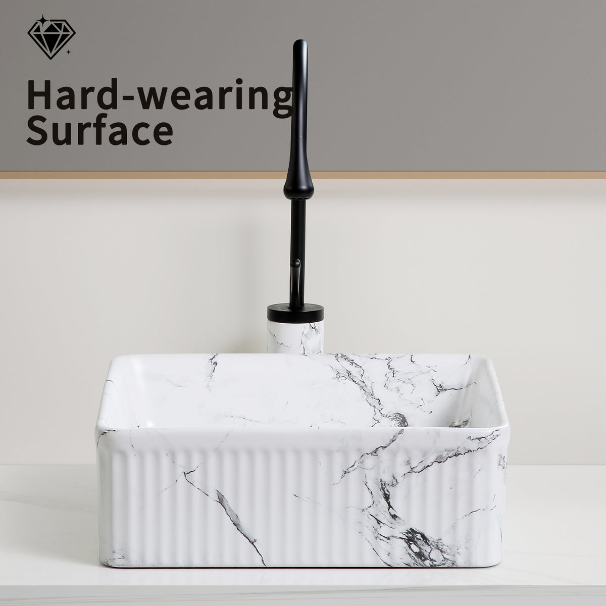 Square marble vessel sink in black and white with a 15-inch diameter, designed by Anthony & Home for modern bathrooms.