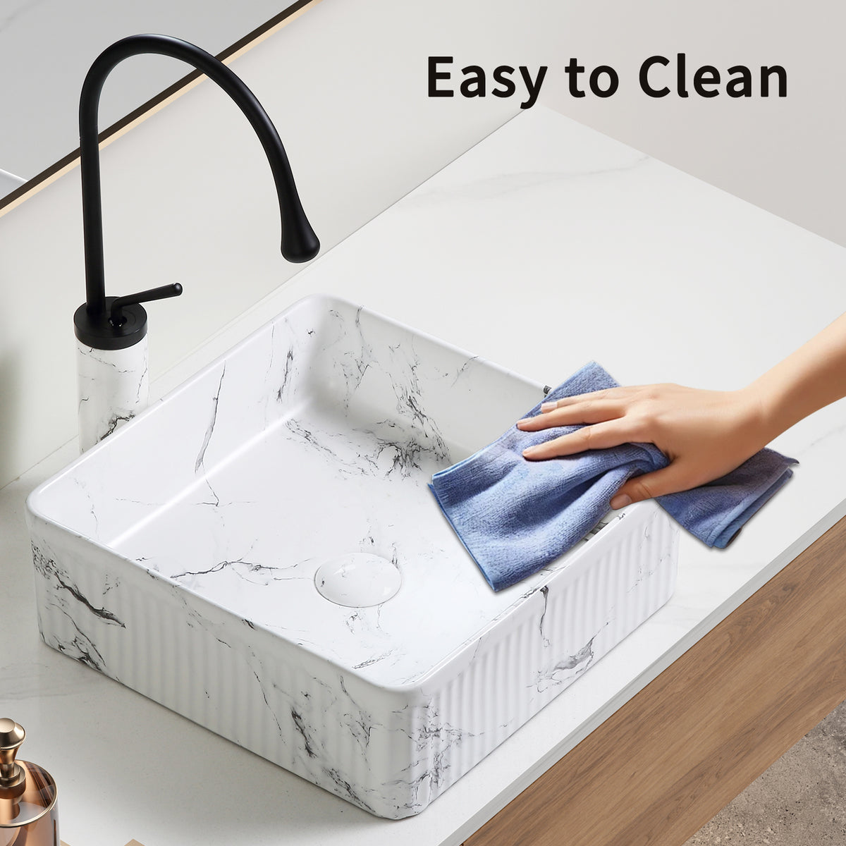 Square marble vessel sink by Anthony & Home featuring black and white marble, 15-inch bathroom sink with elegant natural stone design.