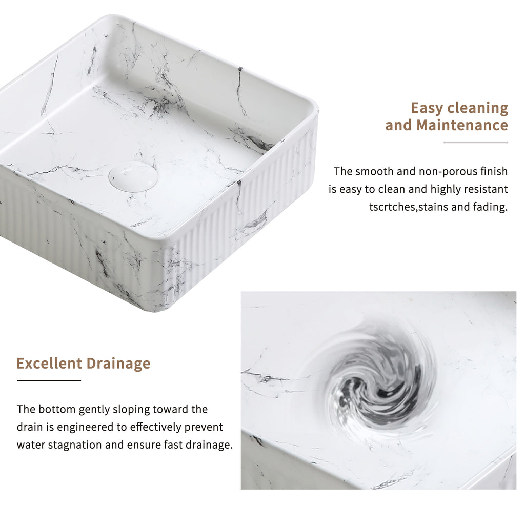 Square marble vessel sink in black and white marble, 15-inch Anthony & Home bathroom countertop basin with sleek design.