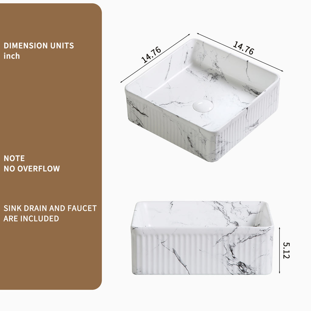 Square marble vessel sink by Anthony & Home featuring black and white marble, 15-inch modern bathroom fixture.