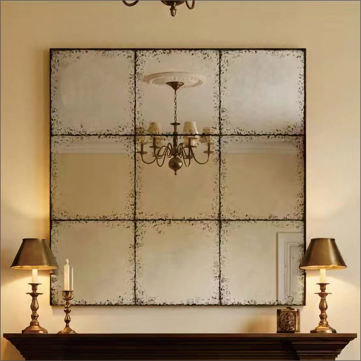 Square wall mirror from Anthony & Home's Atelier Collection with a sleek frame, hanging on a modern interior wall.