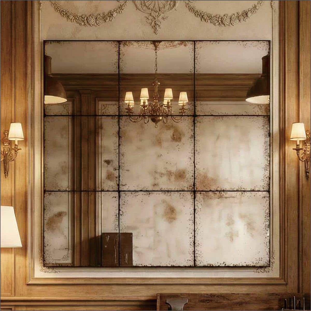 Square wall mirror from Anthony & Home's Atelier Collection with a sleek frame, hanging on a modern wall.