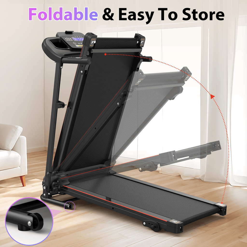 Stainless steel Anthony & Home folding treadmill with incline, Bluetooth heart rate monitor, 2.5HP motor, and sleek design.