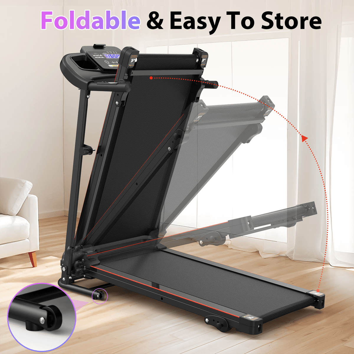 Stainless steel Anthony & Home folding treadmill with incline, Bluetooth heart rate monitor, 2.5HP motor, and sleek design.