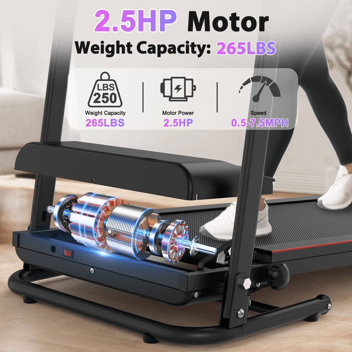 Anthony & Home stainless steel folding treadmill with incline, Bluetooth heart rate monitor, 2.5HP motor, sleek modern design