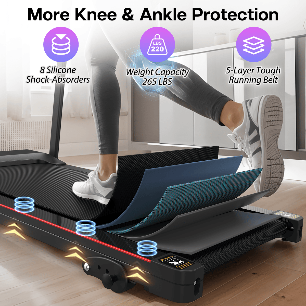 Stainless steel Anthony & Home folding treadmill with incline, Bluetooth heart rate monitor, and 2.5HP motor in a modern gym setting.