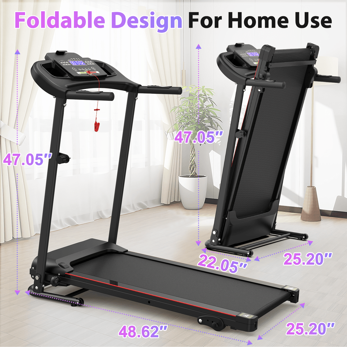 Anthony & Home stainless steel folding treadmill with incline, Bluetooth heart rate monitor, 2.5HP motor, suitable for home workouts