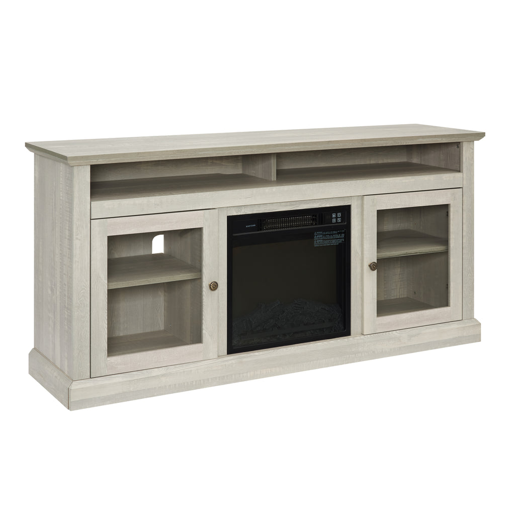Stone gray finish Studio TV media console with fireplace from Anthony & Home, featuring a modern design and ample storage.