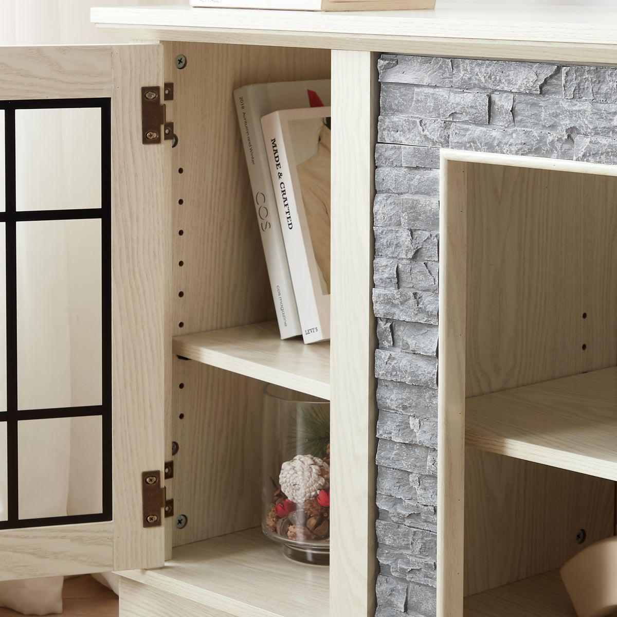 White 58-inch stone-textured TV stand with two doors by Anthony & Home, modern design for living room entertainment setup.