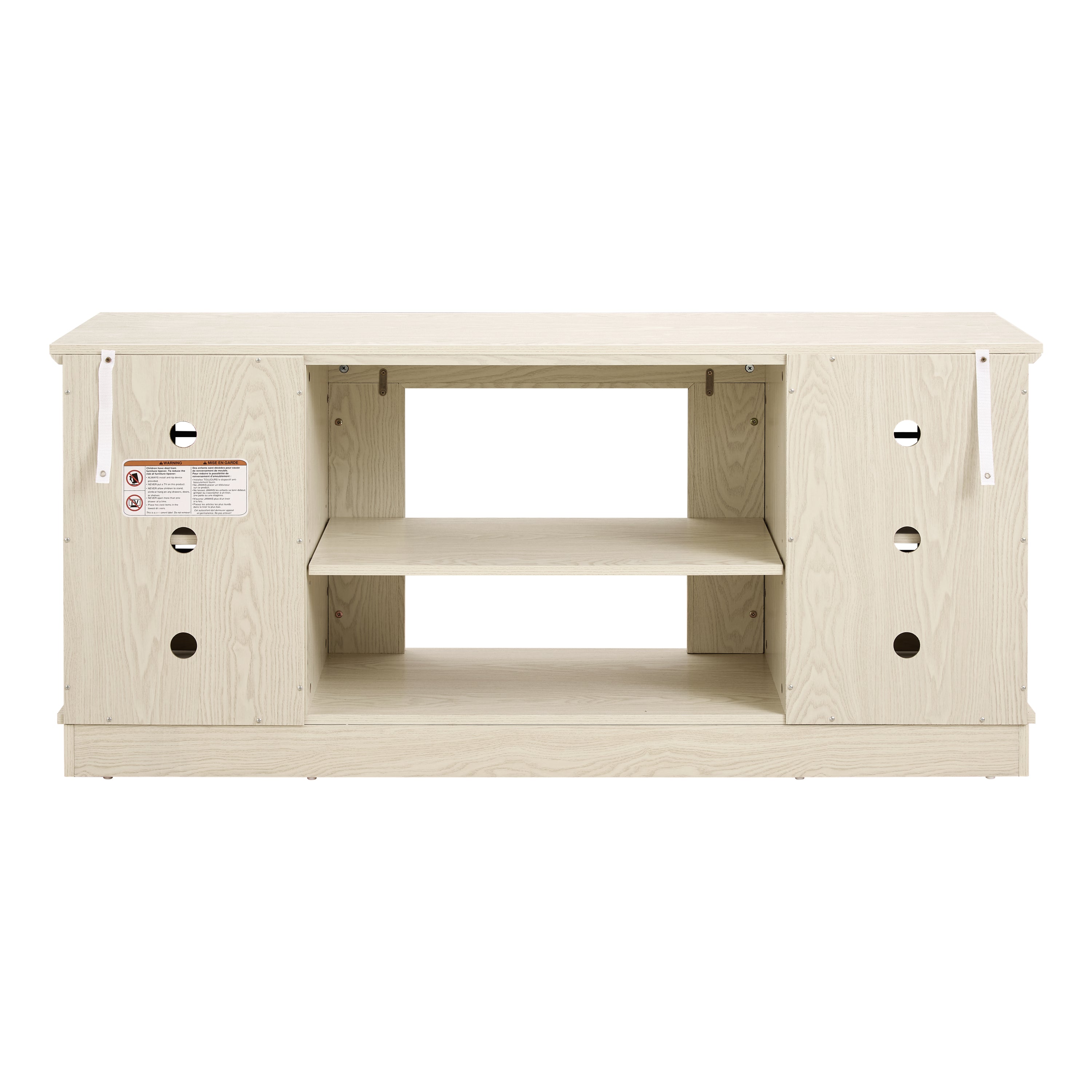 White stone-textured 58-inch TV stand with two doors from Anthony & Home's Atelier collection.