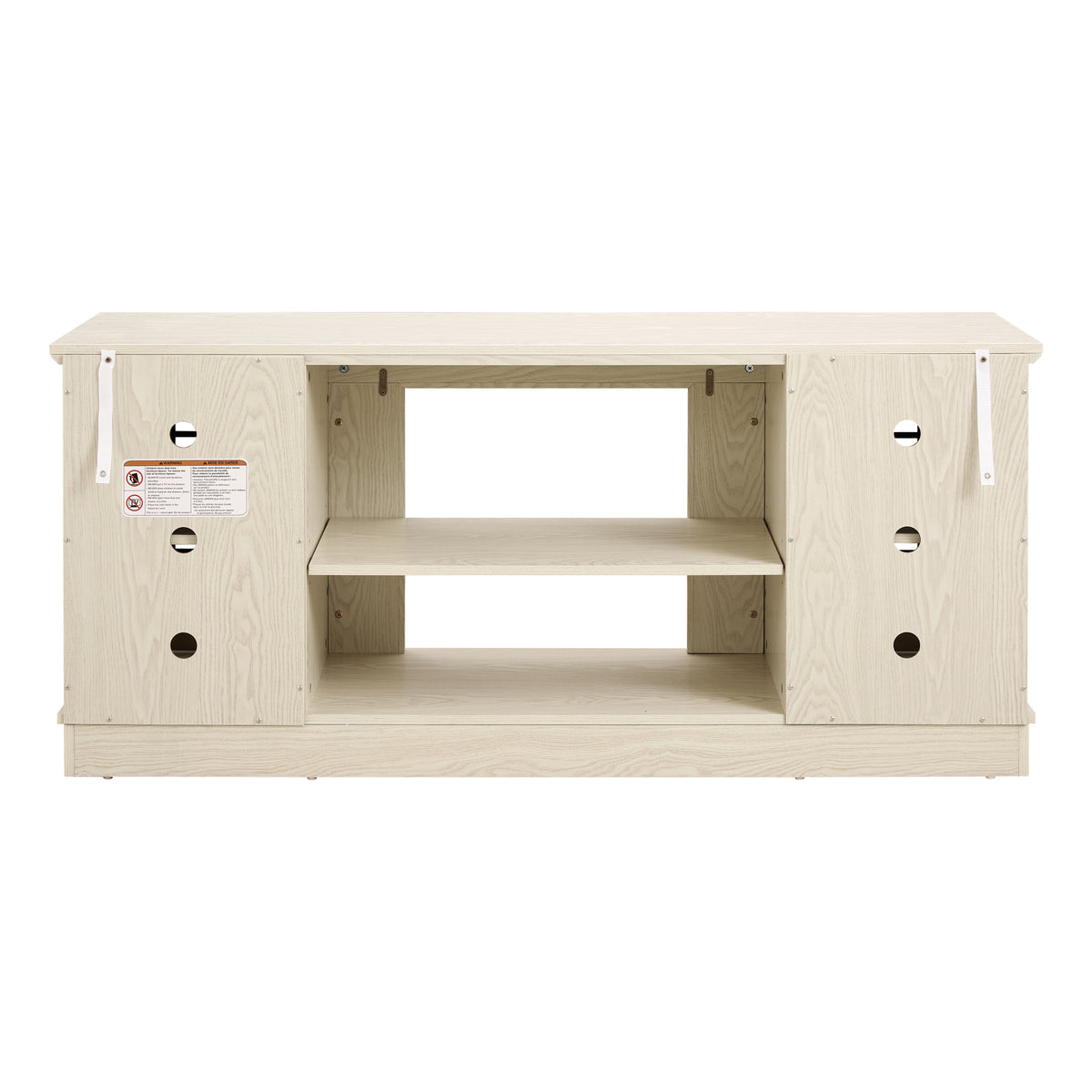 White stone-textured 58-inch TV stand with two doors from Anthony & Home's Atelier collection.