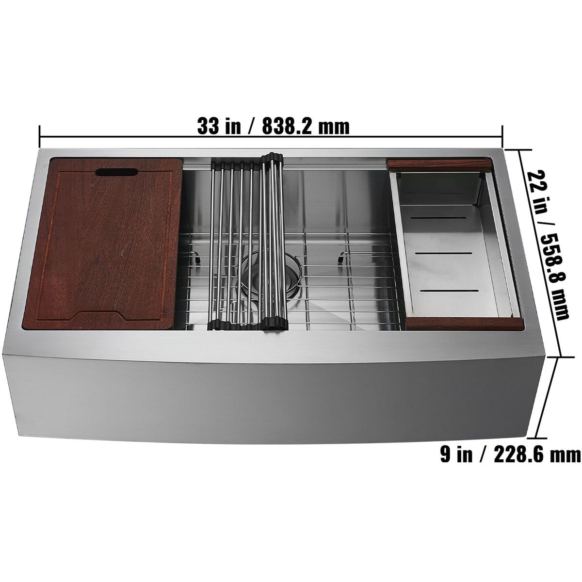 Anthony & Home stainless farmhouse kitchen sink with a single bowl, made of durable Studio 304 stainless steel.
