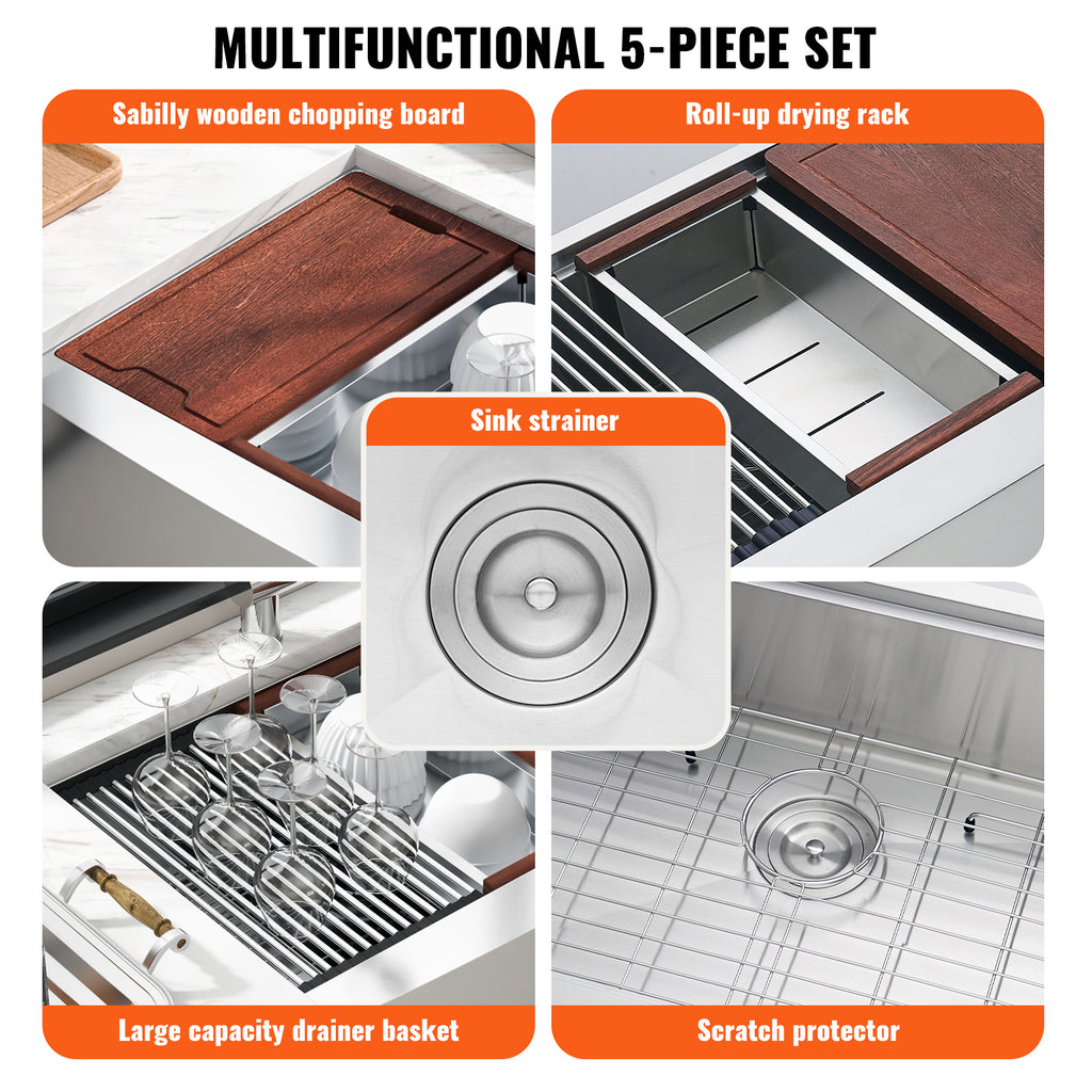 Anthony & Home stainless steel farmhouse kitchen sink with a single bowl, featuring a sleek, durable design for modern kitchens.