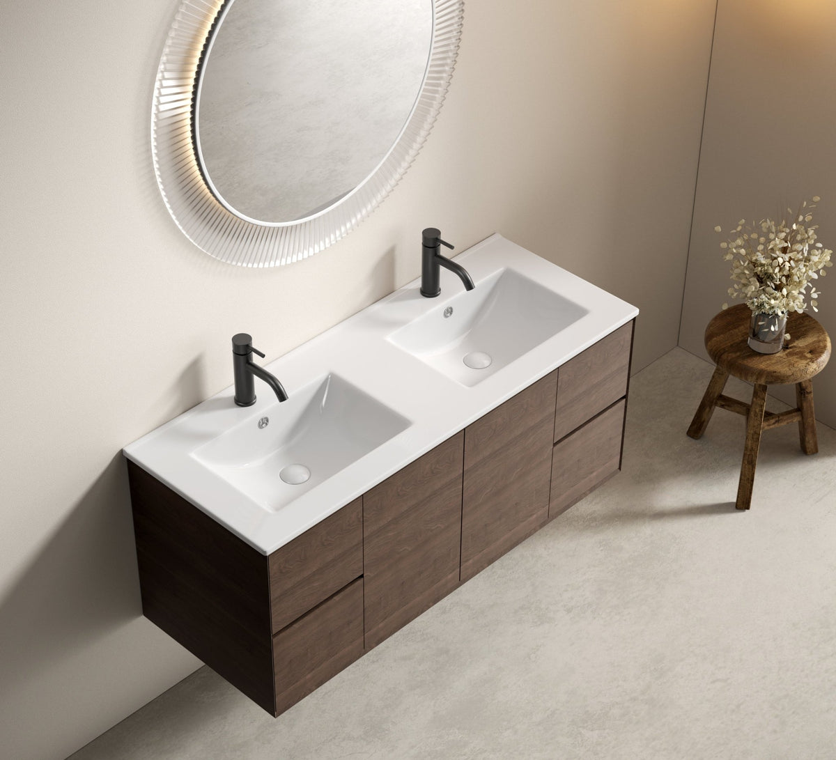 Double porcelain vanity sink with two basins, sleek Anthony & Home Studio design, ideal for modern bathroom vanity setups.