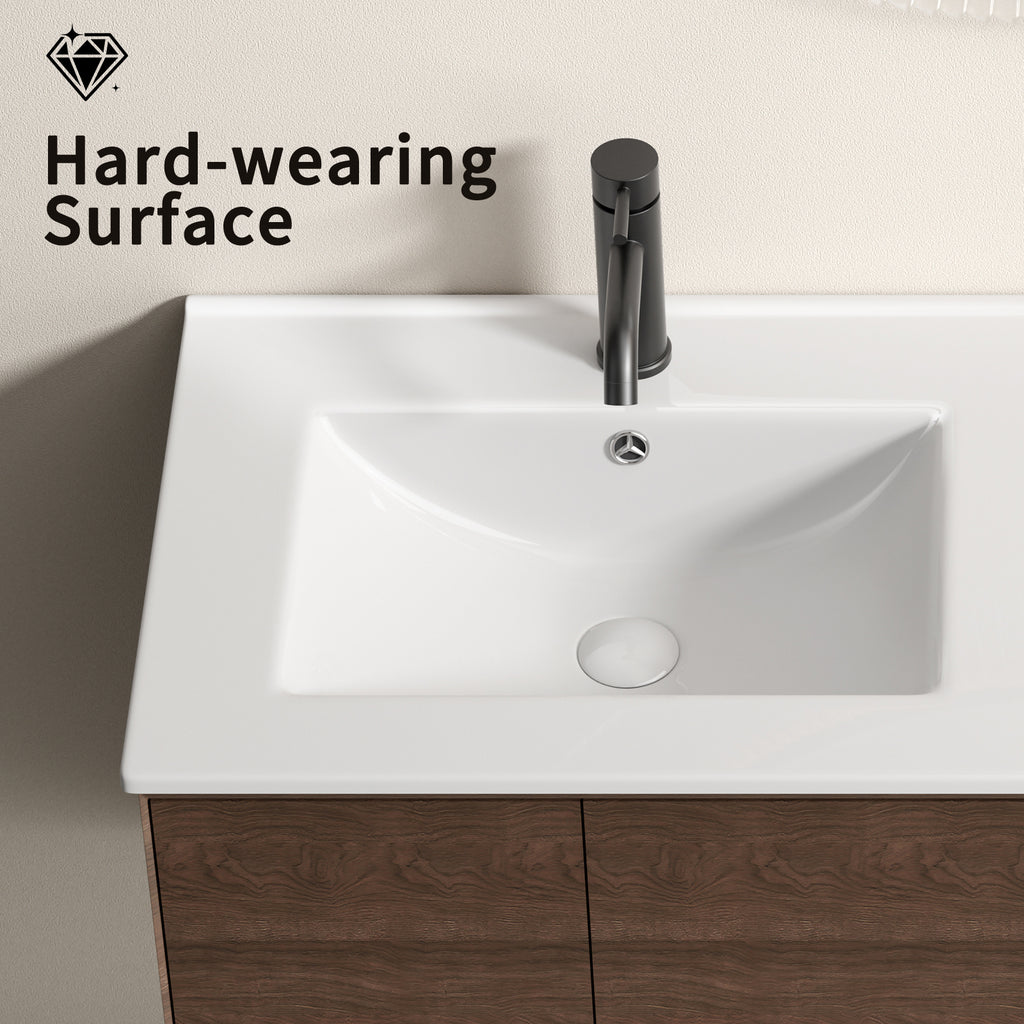 Anthony & Home Studio double bowl porcelain vanity sink with two integrated basins and sleek modern design.