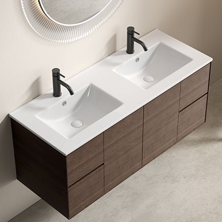 Studio double bowl porcelain vanity sink by Anthony & Home with two spacious basins and sleek modern design.