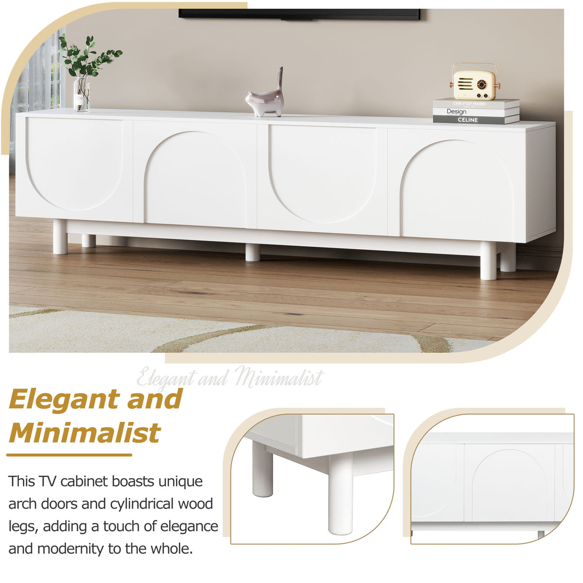 Studio Graceful TV stand with arch cabinets, solid wood legs, and Anthony & Home craftsmanship in a modern living room setting.
