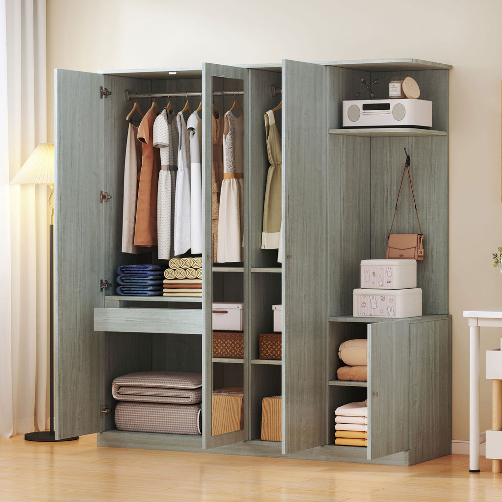 Anthony & Home Studio Gray four-door wardrobe with full-length mirror, featuring modern design and ample storage space.