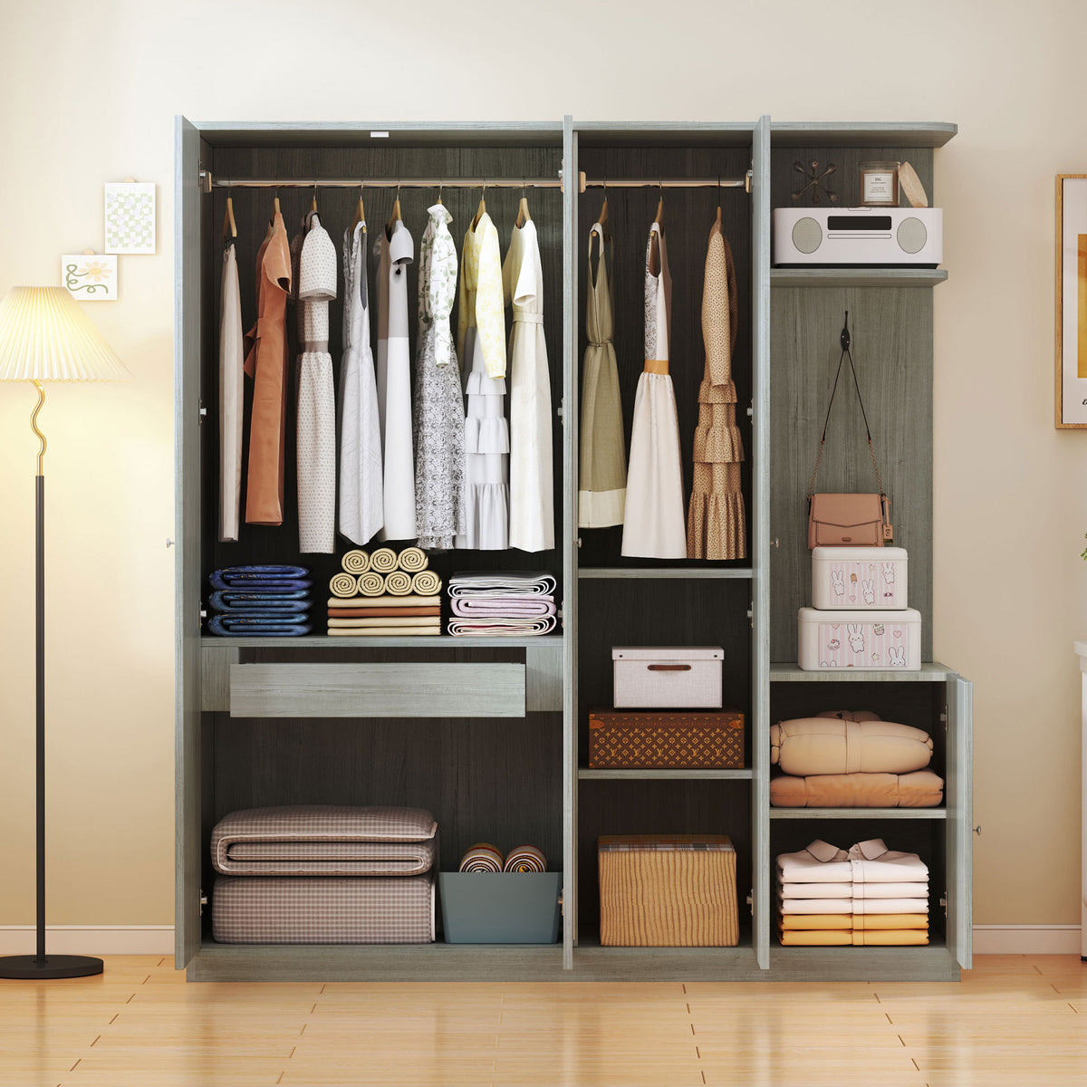 Anthony & Home Studio Gray four-door wardrobe with full-length mirror, featuring sleek design and ample storage space.
