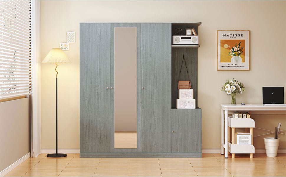 Anthony & Home Studio Gray four-door wardrobe with full-length mirror, showing sleek design and spacious storage in a modern bedroom setting.