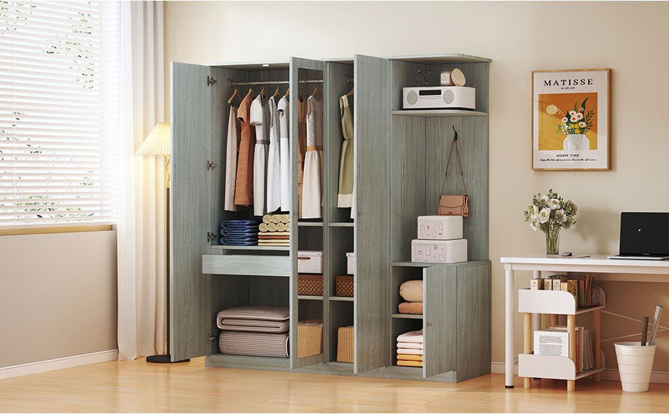 Anthony & Home Studio Gray four-door wardrobe with full-length mirror, showcasing contemporary bedroom storage with sleek design