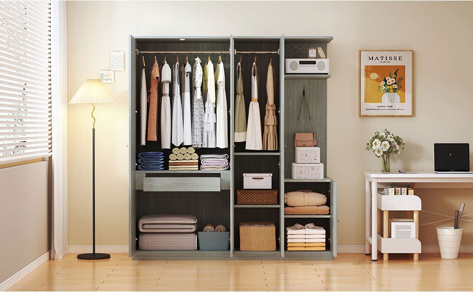 Anthony & Home Studio Gray four-door wardrobe with full-length mirror, showcasing sleek design and spacious storage.