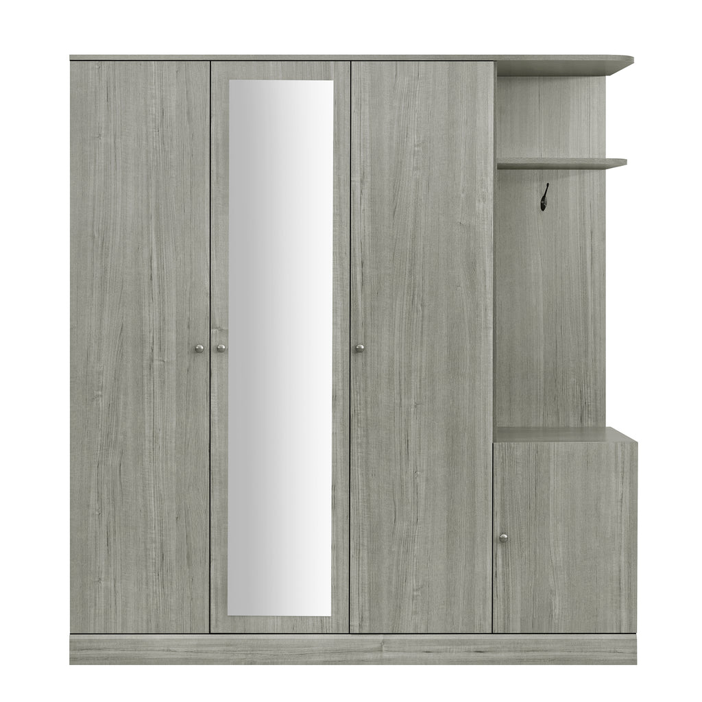 Anthony & Home Studio Gray four-door wardrobe with full-length mirror, showing sleek modern design and spacious storage.