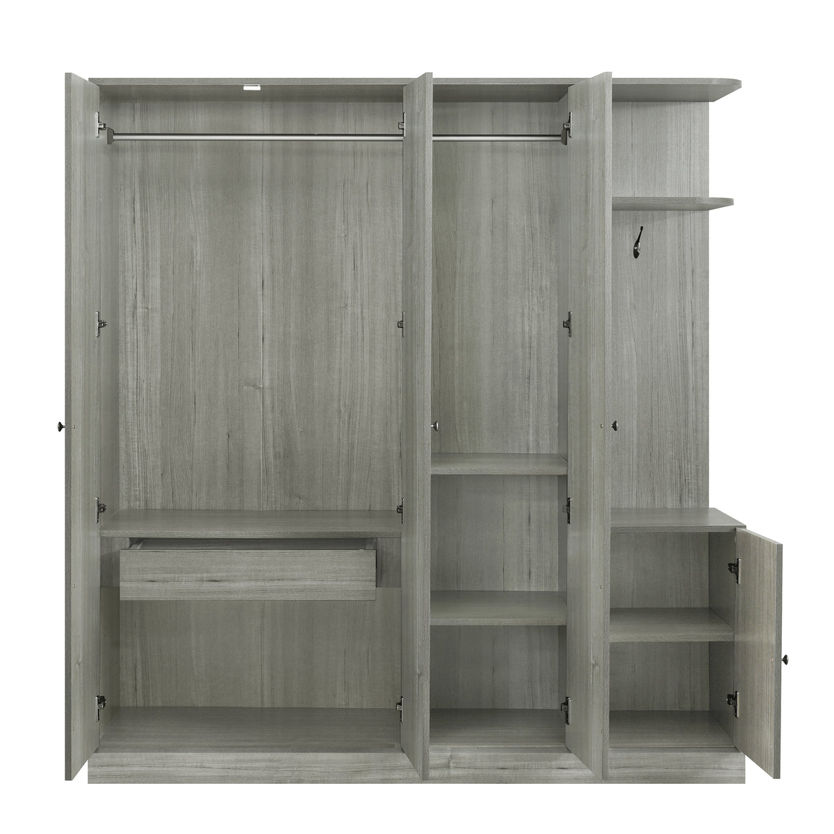 Anthony & Home Studio Gray four-door wardrobe with full-length mirror, featuring sleek design and spacious storage doors.
