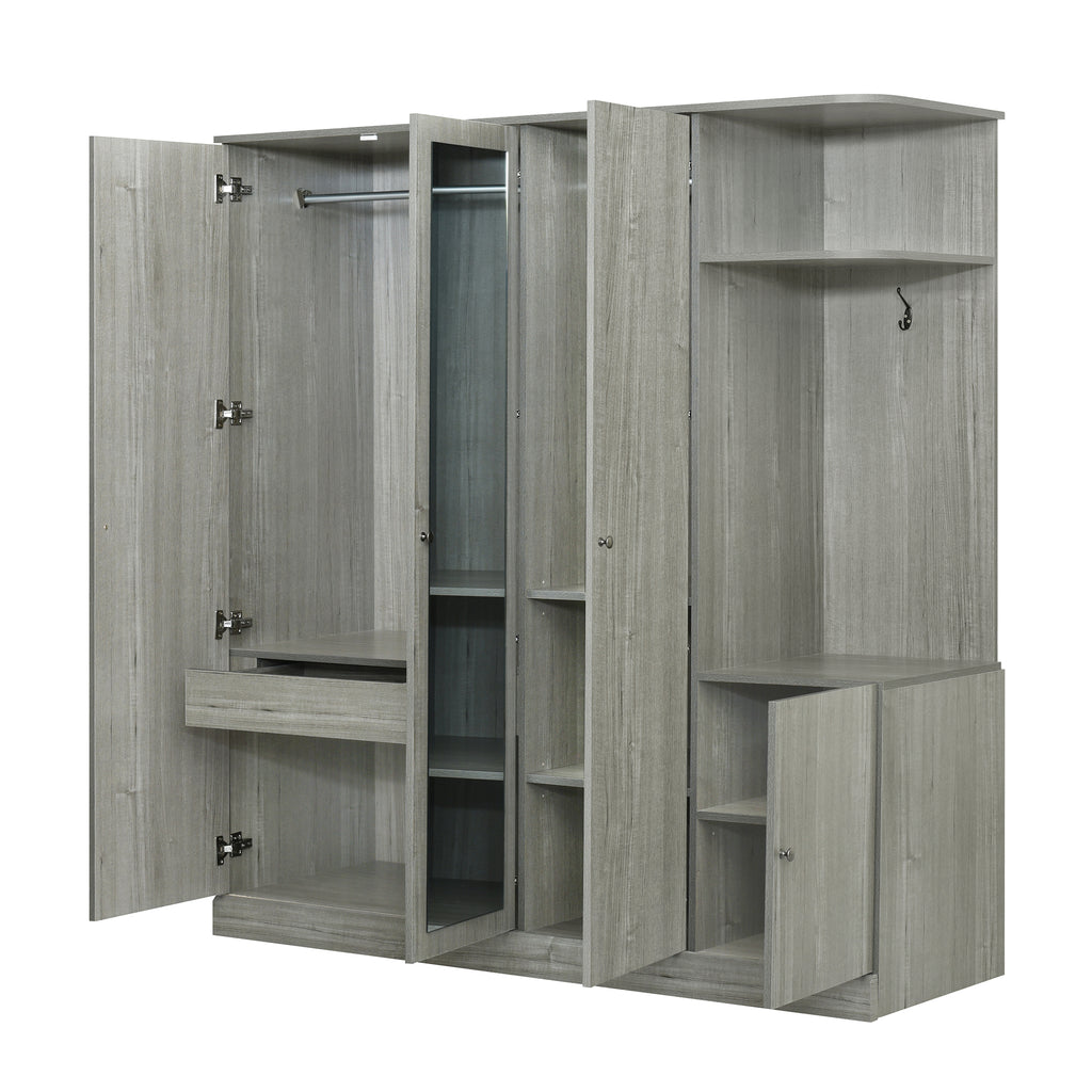 Anthony & Home Studio Gray four-door wardrobe with full-length mirror, showcasing sleek design and ample storage space.