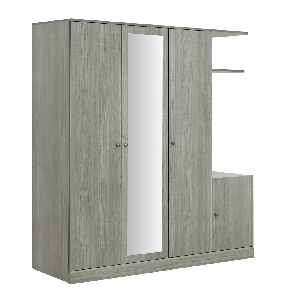 Anthony & Home Studio Gray four-door wardrobe with full-length mirror, showcasing sleek modern design and spacious storage.