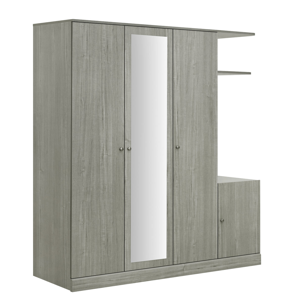 Anthony & Home Studio Gray four-door wardrobe with full-length mirror, showcasing sleek modern design and spacious storage.