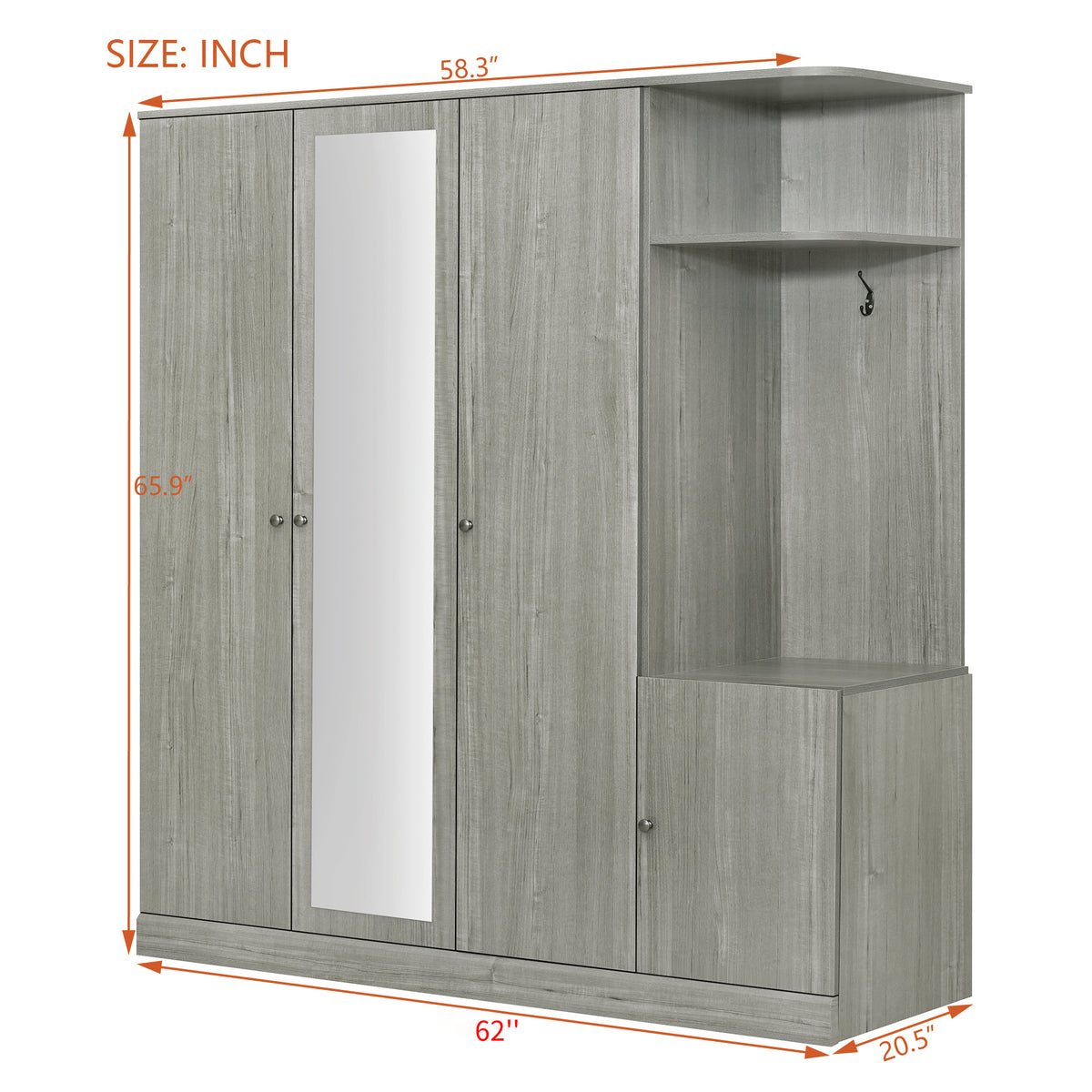Anthony & Home Studio Gray four-door wardrobe with full-length mirror, showing sleek design and spacious storage doors.