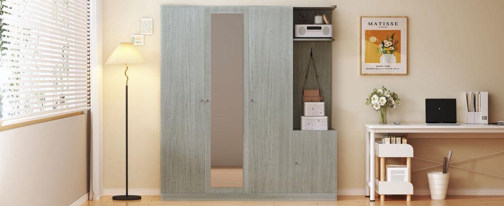 Gray four-door wardrobe with full-length mirror from Anthony & Home, showcasing sleek storage and reflective door panels.