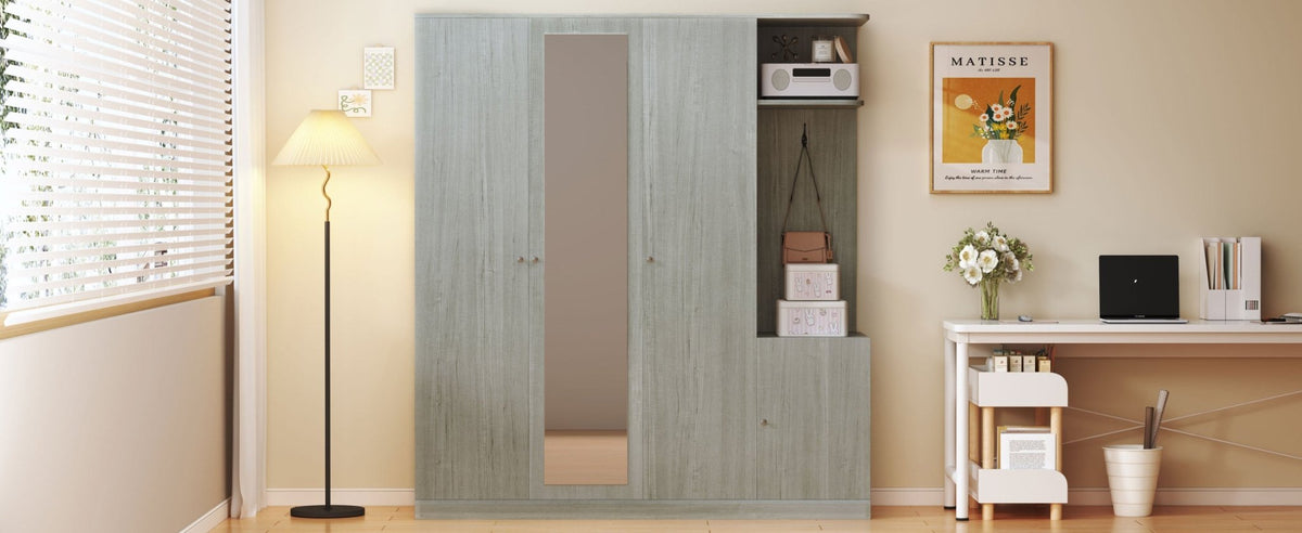 Gray four-door wardrobe with full-length mirror from Anthony & Home, showcasing sleek storage and reflective door panels.